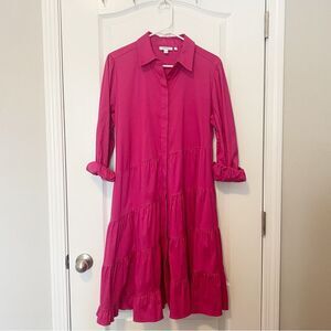 Chico’s Pink Poplin Asymmetrical Tiered Ruffle Midi Shirt Dress Women’s Size 8